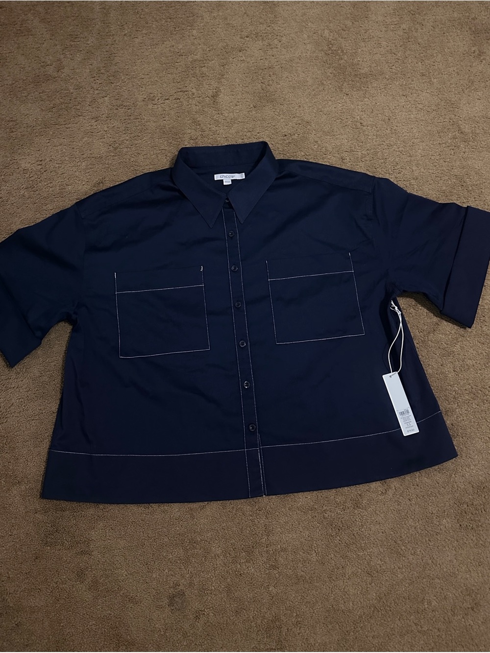 Chico's Navy Short-Sleeve Button Front Shirt with Contrast Stitching